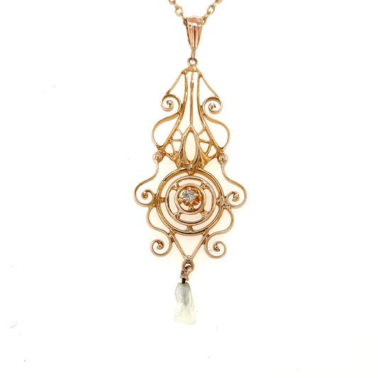 Gold Lavelier Diamond and Pearl Pendant