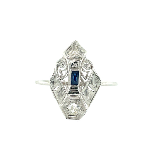 18k Filigree Created Sapphire and Diamond Ring